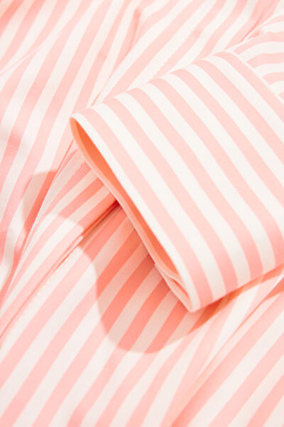 PEMBE MİDİ GÖMLEK ELBİSE ÇİZGİLİ DESENLİ ELBİSE 5