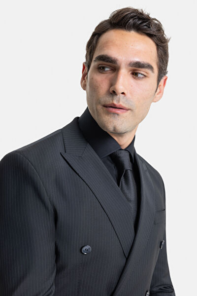 SİYAH ÇİZGİLİ KRUVAZE REGULAR FIT TAKIM ELBİSE 3