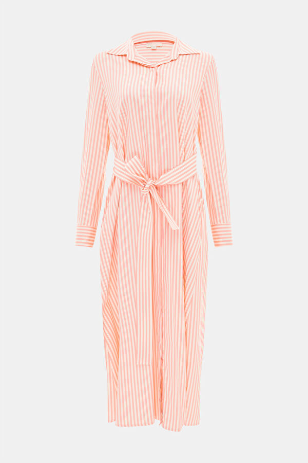PEMBE MİDİ GÖMLEK ELBİSE ÇİZGİLİ DESENLİ ELBİSE