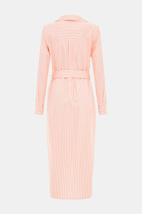 PEMBE MİDİ GÖMLEK ELBİSE ÇİZGİLİ DESENLİ ELBİSE 2