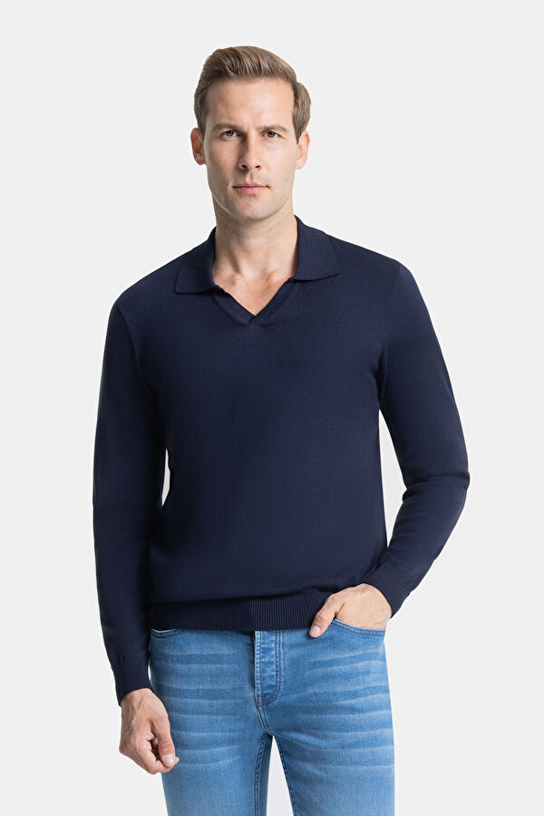 LACİVERT POLO YAKA UZUN KOLLU KAZAK