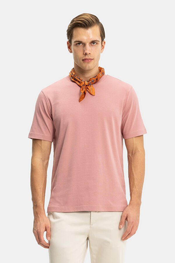 STANDART KALIP PEMBE BİSİKLET YAKA T-SHİRT