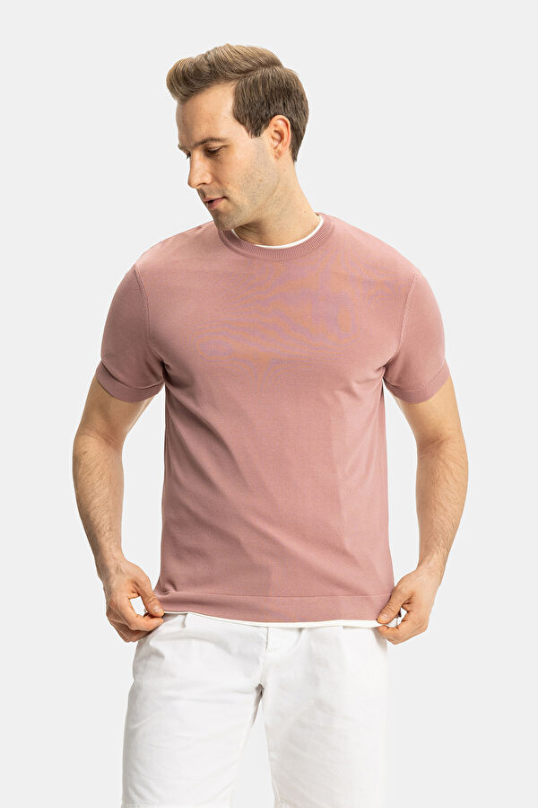STANDART KALIP PEMBE BİSİKLET YAKA T-SHİRT