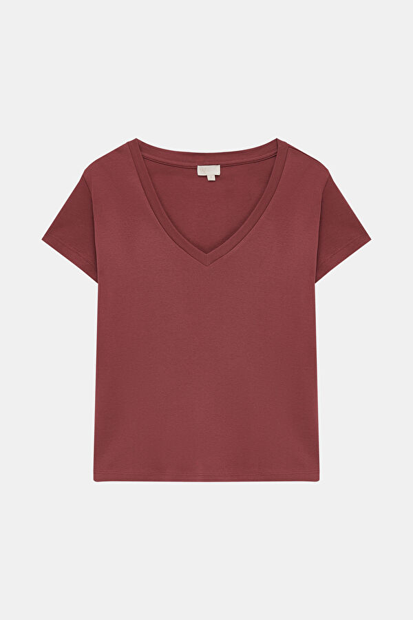 BORDO V YAKA T-SHİRT