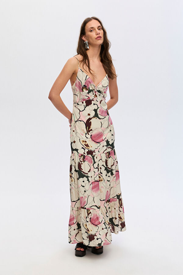 DESENLİ ASKILI MİDİ ELBİSE